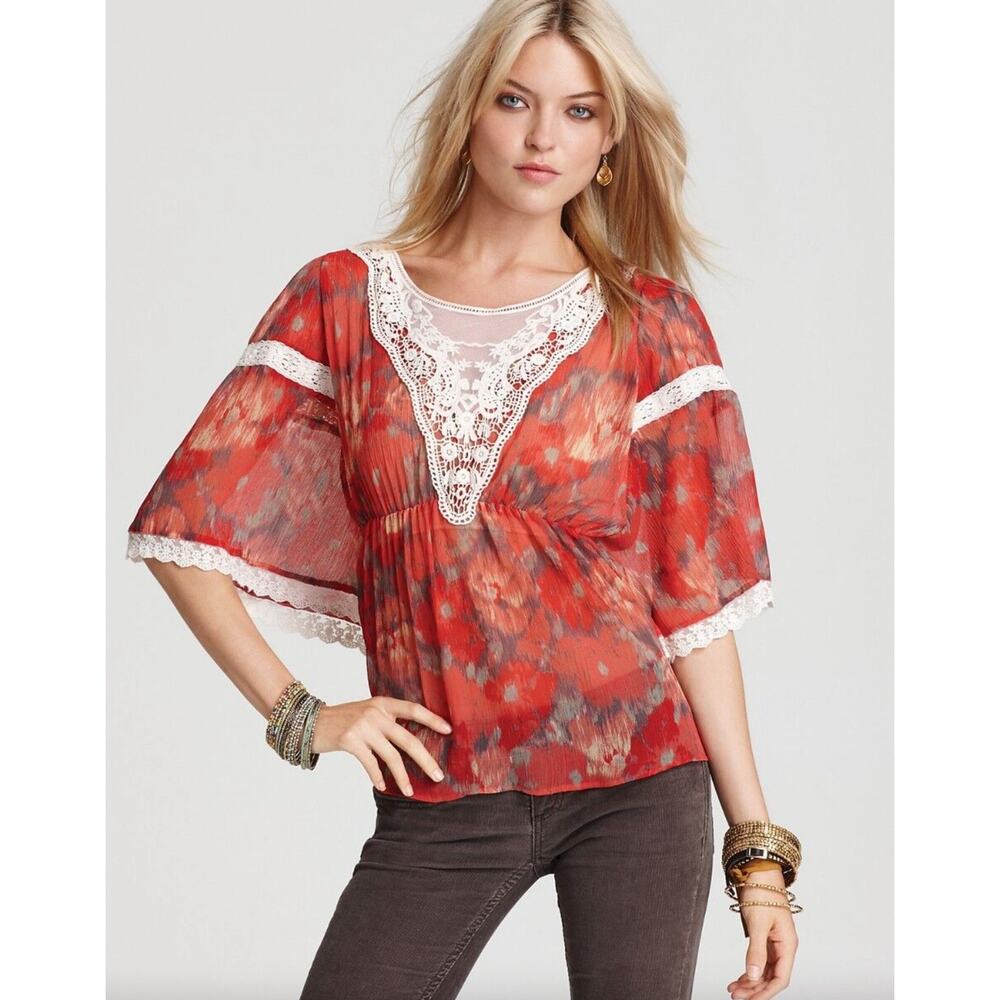 Free People Daydreamer Top Blouse Red Festival Boho Vacation Women's Medium